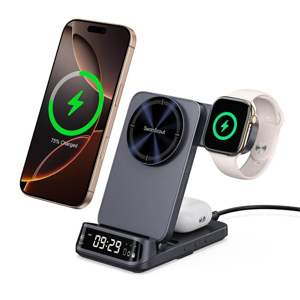 708M - 3 in 1 Magnetic Wireless Charger for Apple with Clock