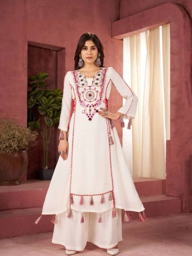 beautiful Designer Peplum & Bell Bottom Set On Reyon Febric With Thred & Real mirror work With Tassels and Lace work For Girls.