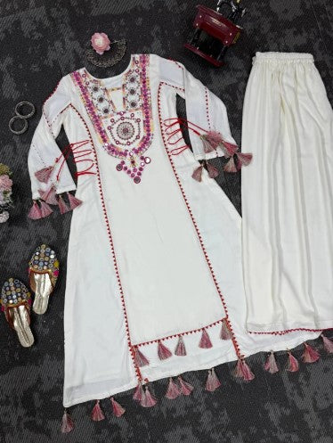 beautiful Designer Peplum & Bell Bottom Set On Reyon Febric With Thred & Real mirror work With Tassels and Lace work For Girls.