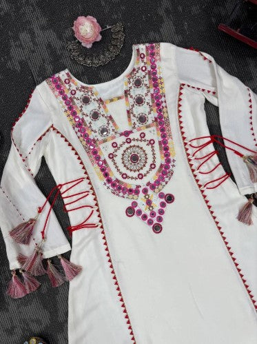 beautiful Designer Peplum & Bell Bottom Set On Reyon Febric With Thred & Real mirror work With Tassels and Lace work For Girls.