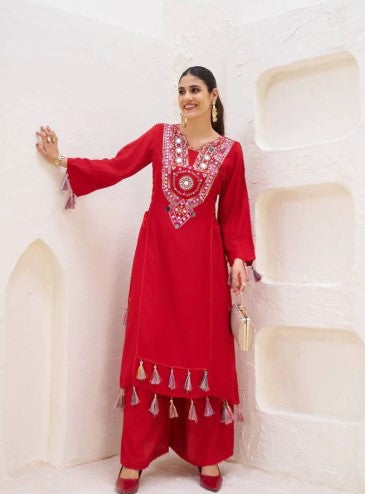 Reyon Febric beautiful Designer Peplum &amp; Bell Bottom Set On Reyon Febric With Thred &amp; Real mirror work With Tassels and Lace work For Girls.