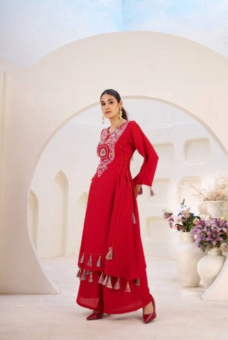 Reyon Febric beautiful Designer Peplum &amp; Bell Bottom Set On Reyon Febric With Thred &amp; Real mirror work With Tassels and Lace work For Girls.