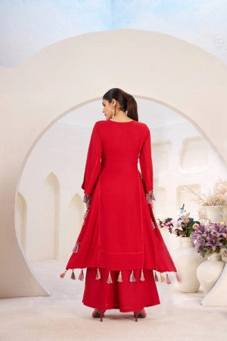 Reyon Febric beautiful Designer Peplum &amp; Bell Bottom Set On Reyon Febric With Thred &amp; Real mirror work With Tassels and Lace work For Girls.