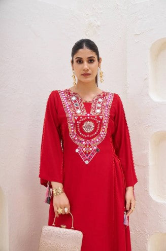 Reyon Febric beautiful Designer Peplum &amp; Bell Bottom Set On Reyon Febric With Thred &amp; Real mirror work With Tassels and Lace work For Girls.