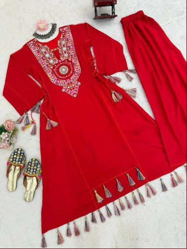 Reyon Febric beautiful Designer Peplum &amp; Bell Bottom Set On Reyon Febric With Thred &amp; Real mirror work With Tassels and Lace work For Girls.