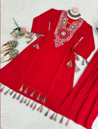 Reyon Febric beautiful Designer Peplum &amp; Bell Bottom Set On Reyon Febric With Thred &amp; Real mirror work With Tassels and Lace work For Girls.